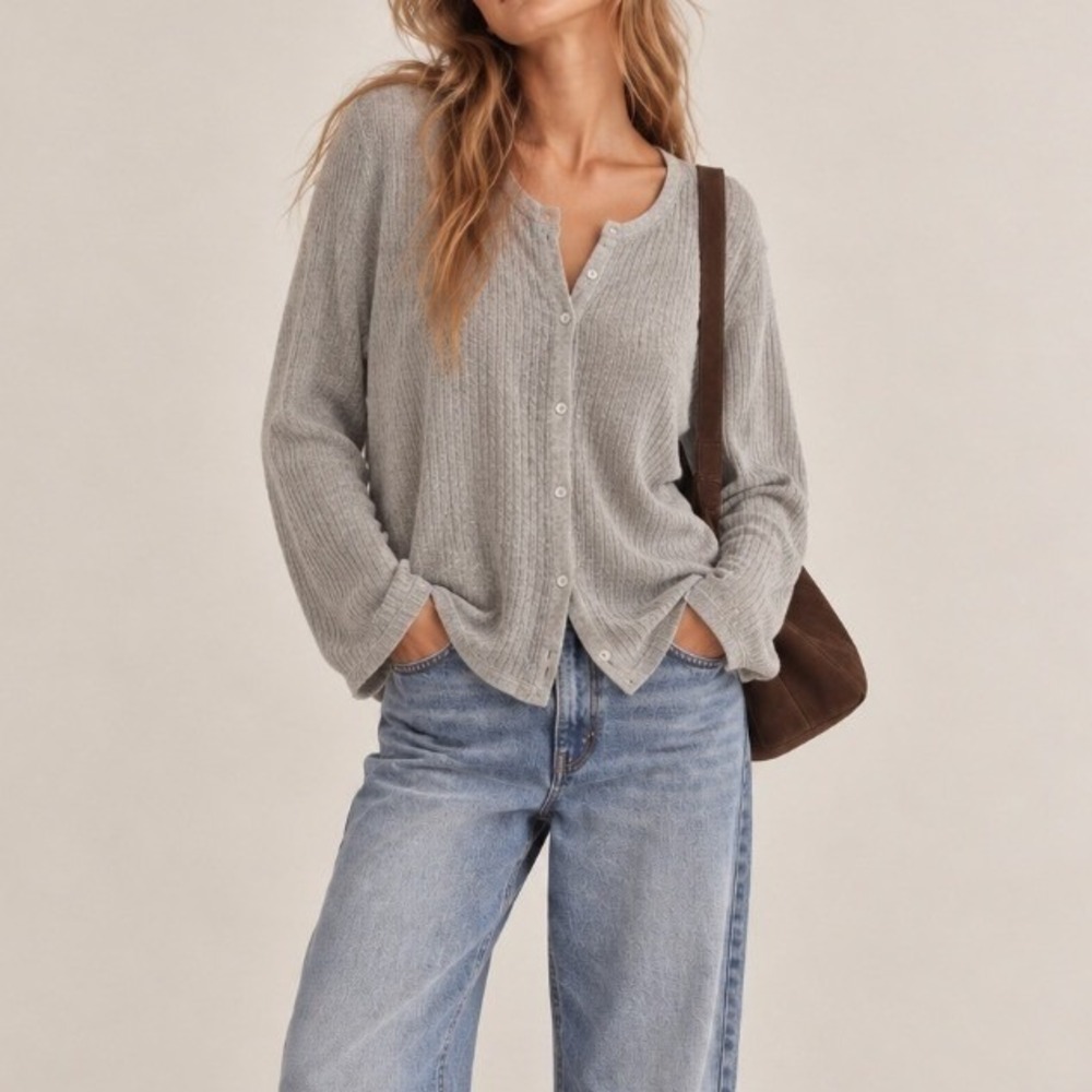 Vintage 90s Cardigan Sweater Cable Knit Button Front Large Gray Cotton Preppy